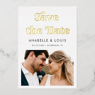 Invitación Con Relieve Metalizado Guión Retro Vintage &2 Foto Minimal Real Boda