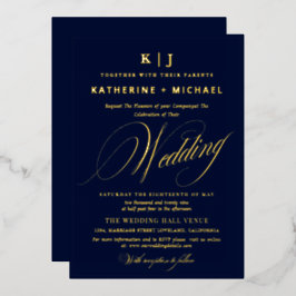Invitación Con Relieve Metalizado Guion Romántico Caligrafía Monograma Oro Boda