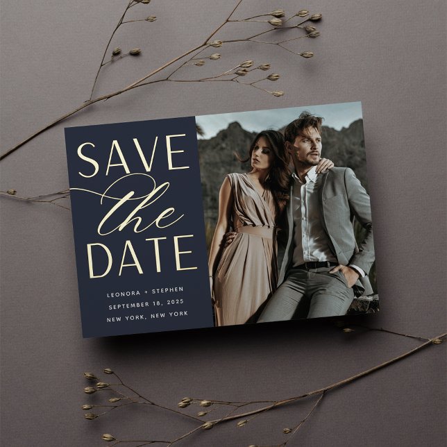 Invitación Con Relieve Metalizado Guión suave | Foto única Guardar la fecha (Subido por el creador)