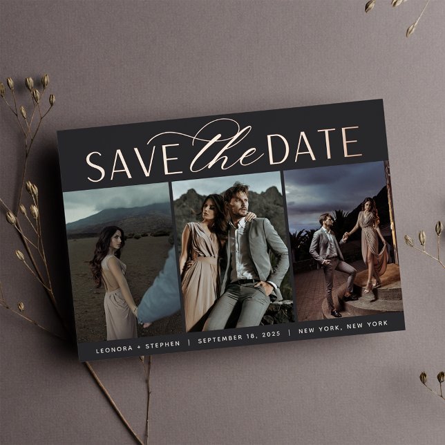 Invitación Con Relieve Metalizado Guión suave | Tres fotos Guardar la fecha (Subido por el creador)