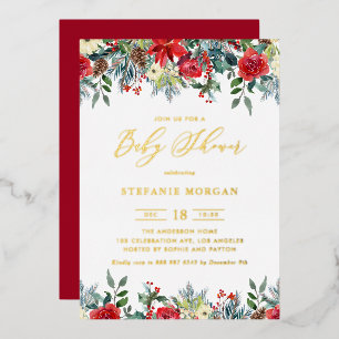 Invitación Con Relieve Metalizado Guirnalda de flores de invierno en acuarela Baby S