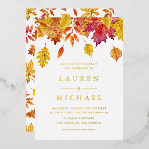 Invitación Con Relieve Metalizado Guirnalda rústica de hojas que caen Otoño Boda