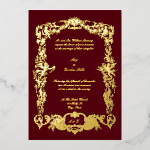 Invitación Con Relieve Metalizado Guirnaldas florales y querubines barrocos rococós