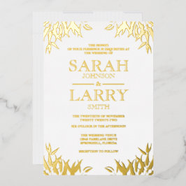 Invitación Con Relieve Metalizado Gum Leaf Elegant Gold Boda Tradicional