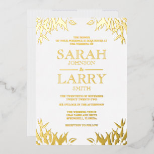 Invitación Con Relieve Metalizado Gum Leaf Elegant Gold Boda Tradicional