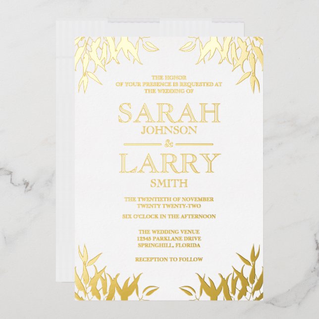 Invitación Con Relieve Metalizado Gum Leaf Elegant Gold Boda Tradicional (Sobre)