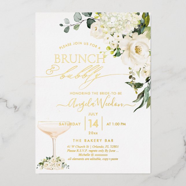 Invitación Con Relieve Metalizado H2 Alabastro Rosas Brunch Burbujeante Real  (Anverso)