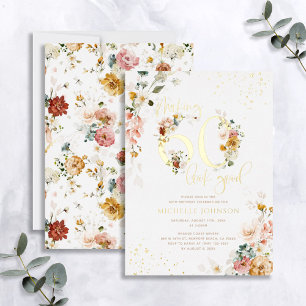 Invitación Con Relieve Metalizado Haciendo que los 60 se vean bien Rosa Floral Oro