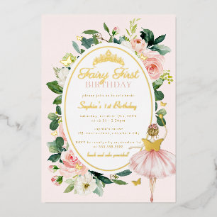 Invitación Con Relieve Metalizado Hada con Rubor Rosa Cumpleaños Primero 1er Cumplea