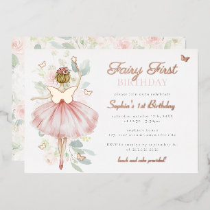 Invitación Con Relieve Metalizado Hada de oro rosa cumpleaños primero 1er mariposa