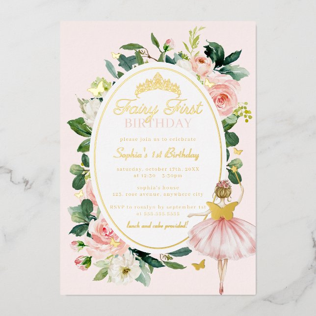 Invitación Con Relieve Metalizado Hada floral rosa primer oro de cumpleaños (Anverso)
