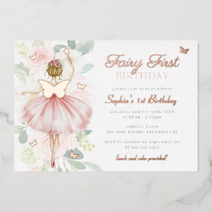 Invitación Con Relieve Metalizado Hada Mariposa Cumpleaños 1º Primero Dorado 