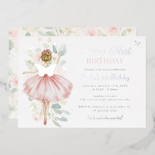 Invitación Con Relieve Metalizado Hada Plata Primera Mariposa de Cumpleaños