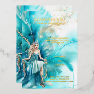 Invitación Con Relieve Metalizado Hada princesa acuarela estaño dorado floral teal