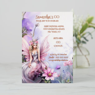 Invitación Con Relieve Metalizado Hada princesa mitológica acuarela rosa floral 