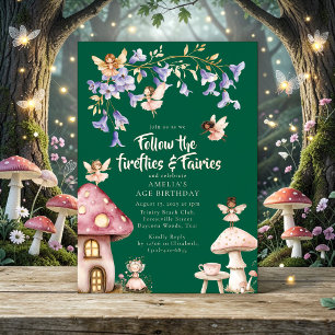 Invitación Con Relieve Metalizado Hadas del Bosque Encantado Luciérnagas Cumpleaños