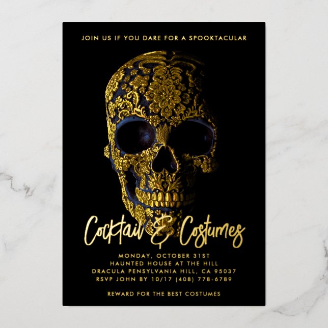 Invitación Con Relieve Metalizado Halloween del Día de los Muertos de la Cráneo del  (Anverso)