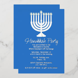 Invitación Con Relieve Metalizado Hanukkah Menorah Fiesta