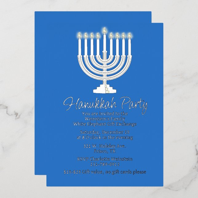 Invitación Con Relieve Metalizado Hanukkah Menorah Fiesta (Anverso/Reverso)