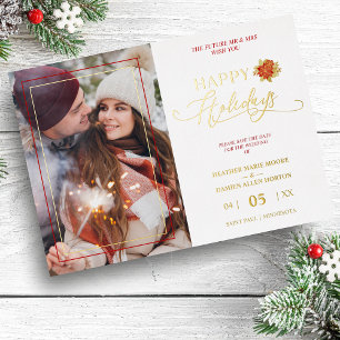 Invitación Con Relieve Metalizado Happy Holidays Poinsettias Wreath Photo Wedding