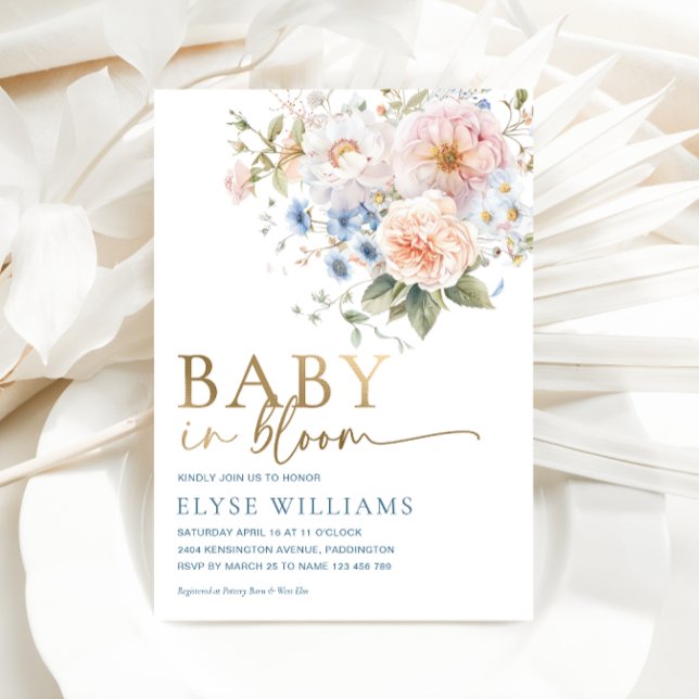 Invitación Con Relieve Metalizado Hargrove Blue Floral Baby En Bloom Baby Shower (Subido por el creador)