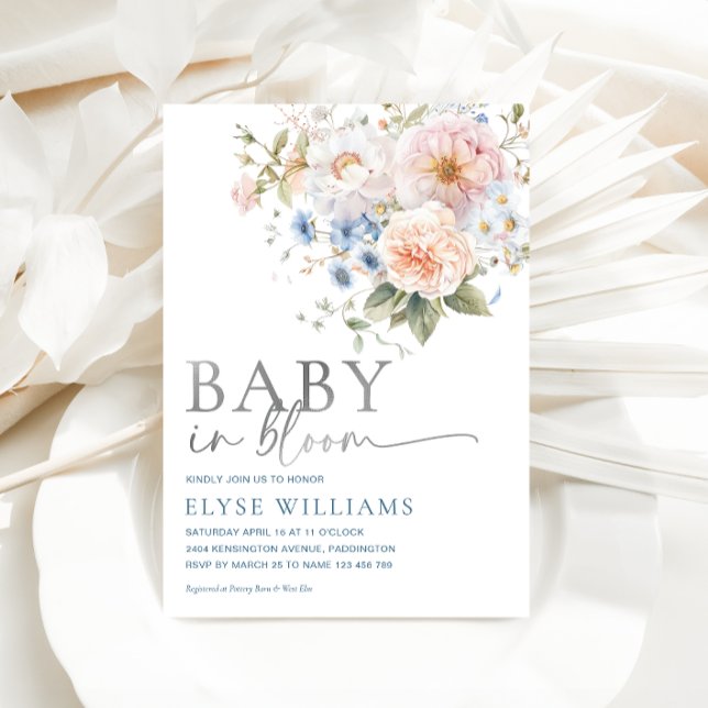 Invitación Con Relieve Metalizado Hargrove Blue Floral Baby En Bloom Baby Shower (Subido por el creador)