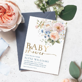 Invitación Con Relieve Metalizado Hargrove Blue Floral Baby Shower Gold