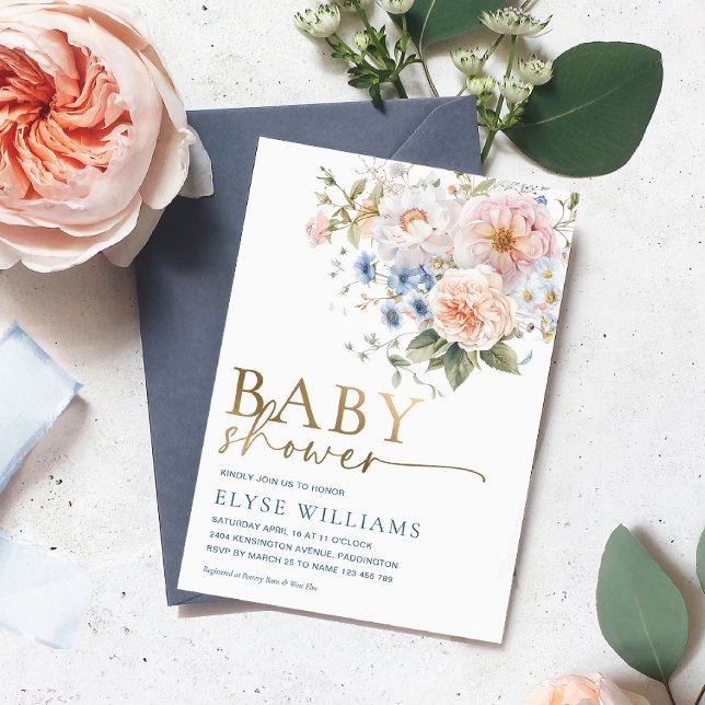 Invitación Con Relieve Metalizado Hargrove Blue Floral Baby Shower Gold (Subido por el creador)