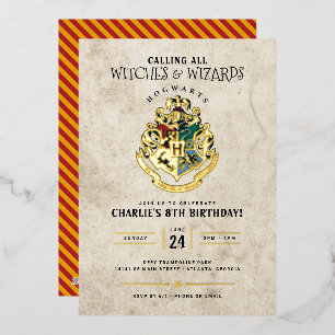 Invitación Con Relieve Metalizado Harry Potter Hogwarts Crest Cumpleaños