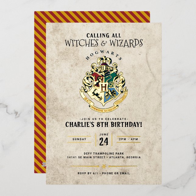 Invitación Con Relieve Metalizado Harry Potter Hogwarts Crest Cumpleaños (Anverso/Reverso)