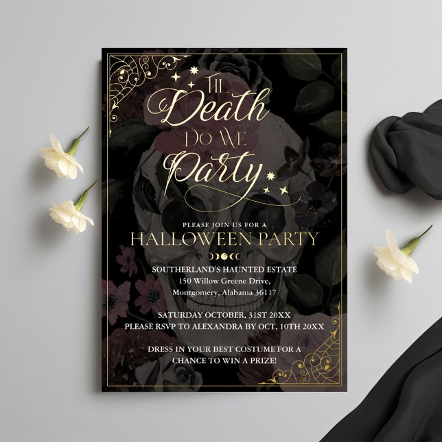 Invitación Con Relieve Metalizado Hasta la muerte de los niños, Fiesta Halloween con (Til Death Do We Party Gothic Skull Halloween Foil Invitation)