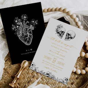 Invitación Con Relieve Metalizado Hasta la muerte gótico cráneo oscuro floral negro