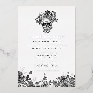 Invitación Con Relieve Metalizado Hasta que la Muerte nos Separe Cráneo de Boda