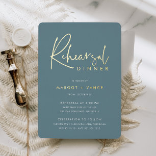 Invitación Con Relieve Metalizado Hazy Teal   Modern Minimal Script Rehearsal Dinner