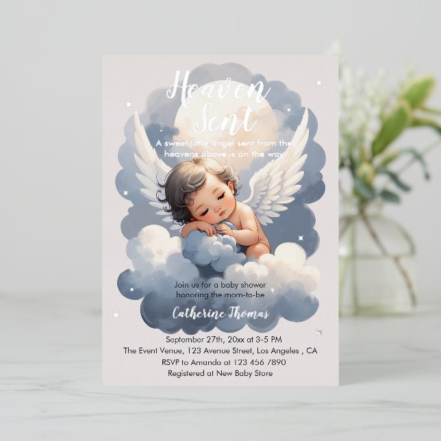 Invitación Con Relieve Metalizado Heaven Sent Angel Baby In Clouds Baby Shower (Anverso de pie)