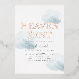 Invitación Con Relieve Metalizado Heaven Sent Blue Cloud Boy Baby Shower