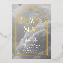 Invitación Con Relieve Metalizado Heaven Sent Clouds Golden Neutral Baby Shower