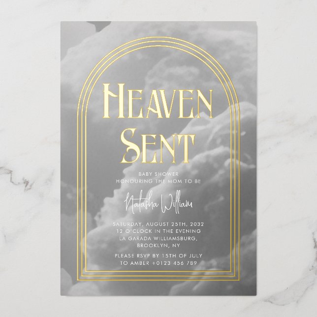 Invitación Con Relieve Metalizado Heaven Sent Clouds Golden Neutral Baby Shower (Anverso)