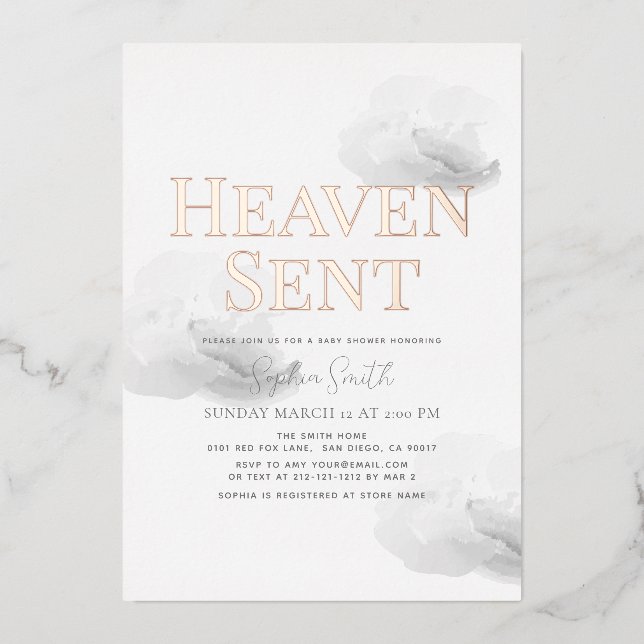 Invitación Con Relieve Metalizado Heaven Sent Gray Cloud Baby Shower neutral en cuan (Anverso)