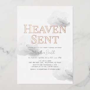 Invitación Con Relieve Metalizado Heaven Sent Gray Cloud Baby Shower neutral en cuan