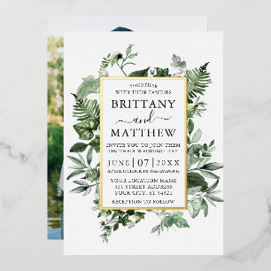 Invitación Con Relieve Metalizado Helechos de hiedra de acuarela Foto Boda Dorada Sa
