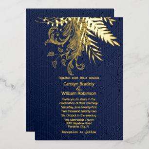 Invitación Con Relieve Metalizado Helechos dorados y follaje sobre damasco azul de b