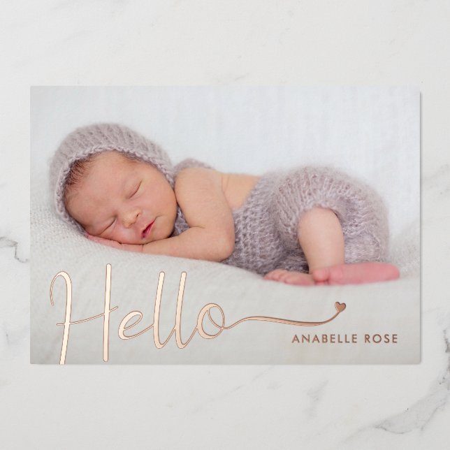 Invitación Con Relieve Metalizado Hello Baby Photo Rose Gold (Anverso)