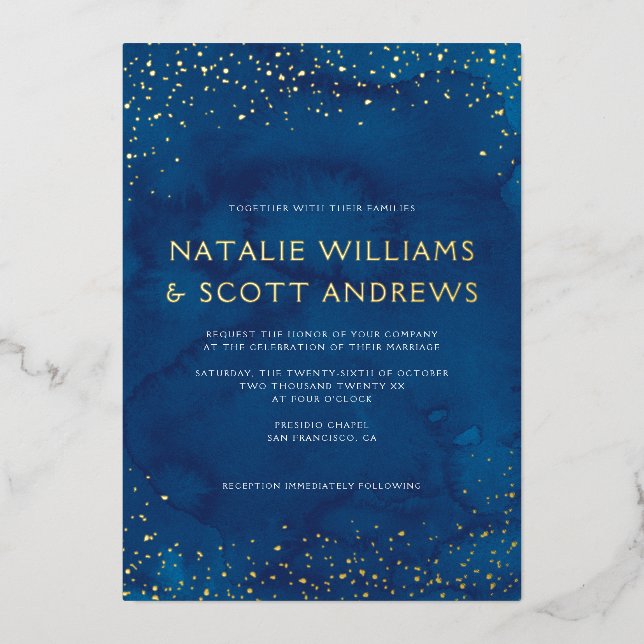 Invitación Con Relieve Metalizado Hermosa acuarela azul Stary Sky Boda REAL (Anverso)