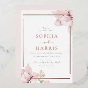 Invitación Con Relieve Metalizado Hermosa Boda Floral Moderna Rosa Dorado con Rubor