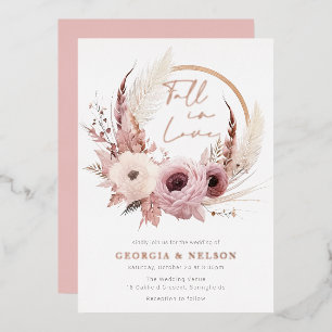 Invitación Con Relieve Metalizado Hermosa Boda Otoño Boho Rosa Dorado