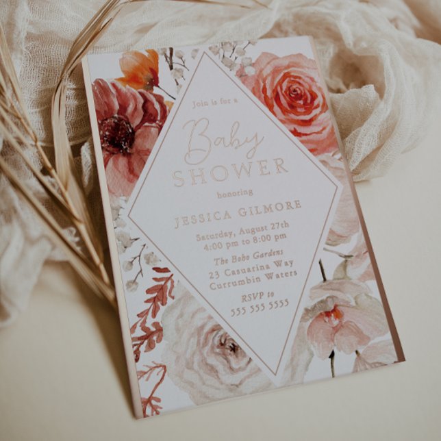 Invitación Con Relieve Metalizado Hermosa Floral Fall y Rosa Gold Baby Shower (Subido por el creador)