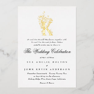 Invitación Con Relieve Metalizado Hermosa Monograma Dorada Floral Dibujada a Mano pa