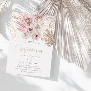 Invitación Con Relieve Metalizado Hermosa Rosa Polvorienta y Marfil Desvaído Boda Bo