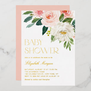 Invitación Con Relieve Metalizado Hermosas Flores Acuarela Jardín Baby Shower